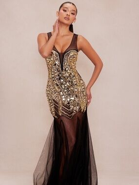 Gold Dress with Black Sheer Bottom